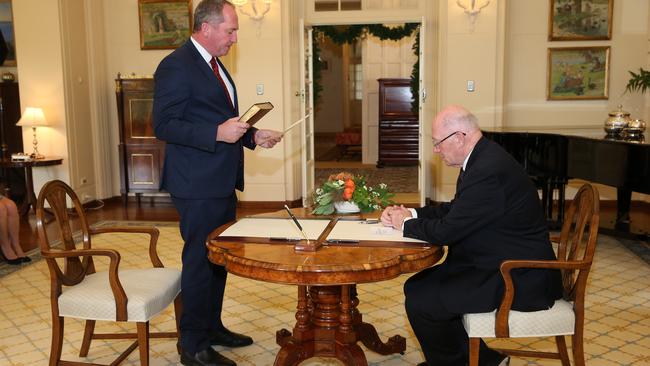 The Governor-General, General Sir Peter Cosgrove swearing in Barnaby Joyce. Picture Kym Smith