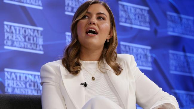 Brittany Higgins addresses the media at the National Press Club in February last year. Picture: Getty Images