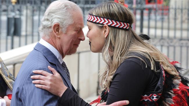 King Charles III greets a NZ representative with a 'Hongi', a traditional Maori greeting at the 2023 Commonwealth Day Service at Westminster Abbey. Picture: Getty Images.