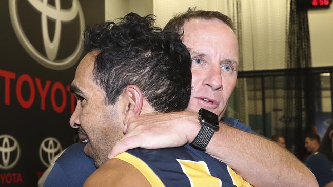 Don Pyke congratulates Eddie Betts after his 300th game earlier this season. Picture SARAH REED