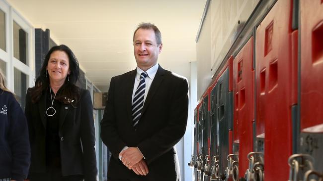 Newcomb Secondary College principal Phil Honeywell in 2018 with Geelong MP Christine Couzens. picture: Glenn Ferguson