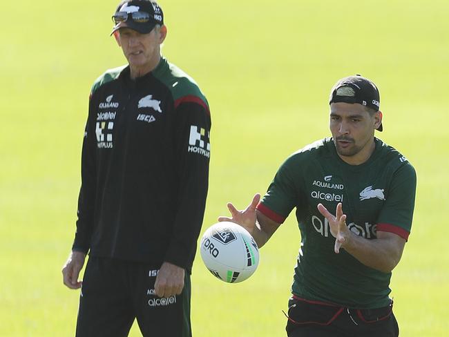 Rabbitohs head coach Wayne Bennett watches Cody Walker during a training drill.