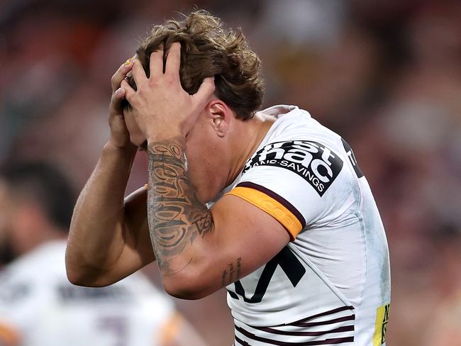 SYDNEY, AUSTRALIA - OCTOBER 01:  Reece Walsh of the Broncos reacts during the 2023 NRL Grand Final match between Penrith Panthers and Brisbane Broncos at Accor Stadium on October 01, 2023 in Sydney, Australia. (Photo by Matt King/Getty Images)