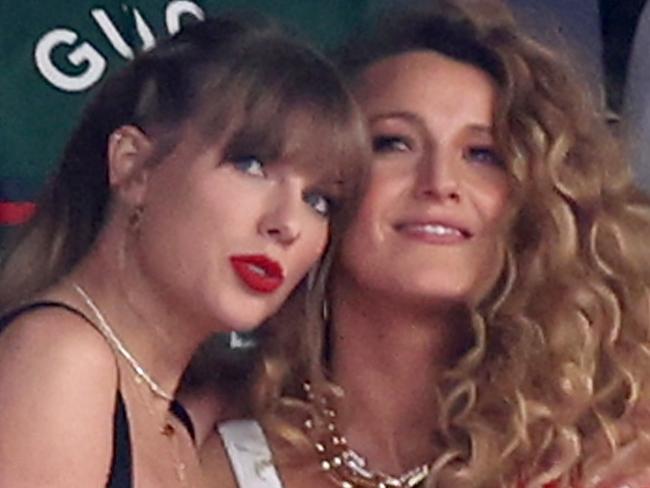 LAS VEGAS, NEVADA - FEBRUARY 11: Rapper Ice Spice, singer Taylor Swift and actress Blake Lively prior to Super Bowl LVIII between the San Francisco 49ers and Kansas City Chiefs at Allegiant Stadium on February 11, 2024 in Las Vegas, Nevada. (Photo by Steph Chambers/Getty Images)