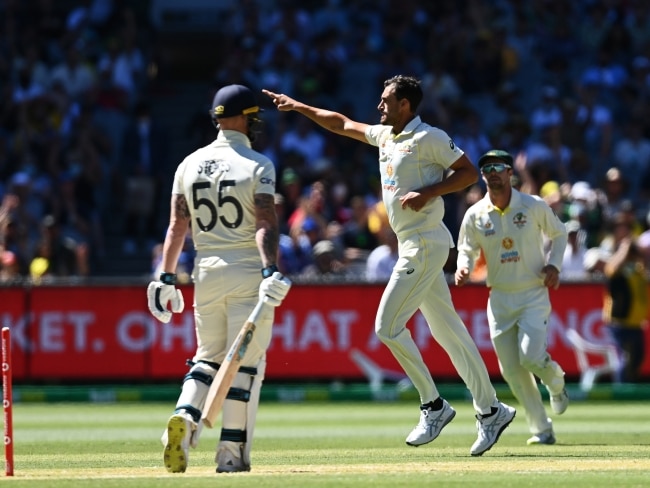 Mitchell Starc took the crucial early wicket of Ben Stokes to start the carnage on Tuesday. Picture: Getty