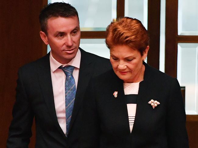 One Nation leader Senator Pauline Hanson and her adviser James Ashby. Picture: Mick Tsikas/AAP
