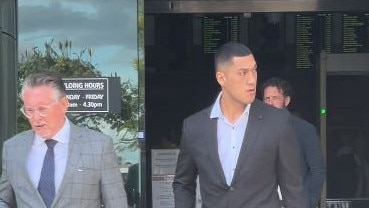 Professional boxer Jai Opetaia (right) leaves Southport Magistrates Court with his lawyer Jason Murakami, of Behlau Murakami Grant.