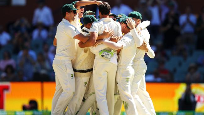 Australia celebrates victory after Mitchell Starctook the wicket of Jonny Bairstow. Picture: Getty Images.