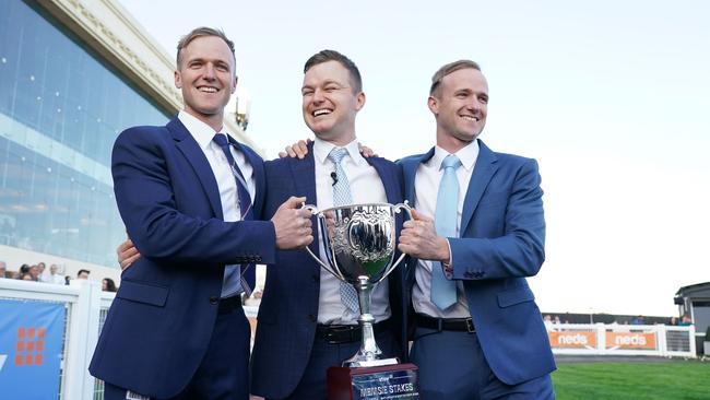 Hayes brothers Will, Ben and JD celebrate Mr Brightside’s win in the Memsie Stakes. Picture: Racing Photos via Getty Images