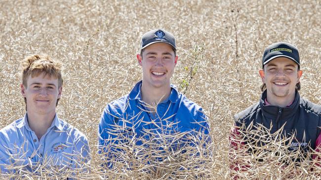 Dookie college students Angus Backwell, Noah Gordon and Dom Oswald are helping Birchip farmer John Ferrier with harvest this year. Picture: Zoe Phillips