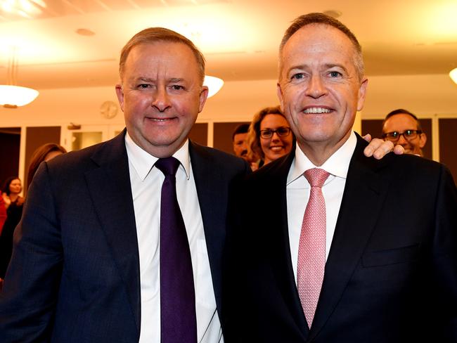 CANBERRA, AUSTRALIA - MAY 30: New Labor leader Anthony Albanese (L) with former leader Bill Shorten during a cabinet meeting at Parliament House on May 30, 2019 in Canberra, Australia. Albanese was elected unopposed in a party cabinet meeting this morning. Bill Shorten stood down as Labor leader following his defeat in the federal election on Saturday 18 May. (Photo by Tracey Nearmy/Getty Images)