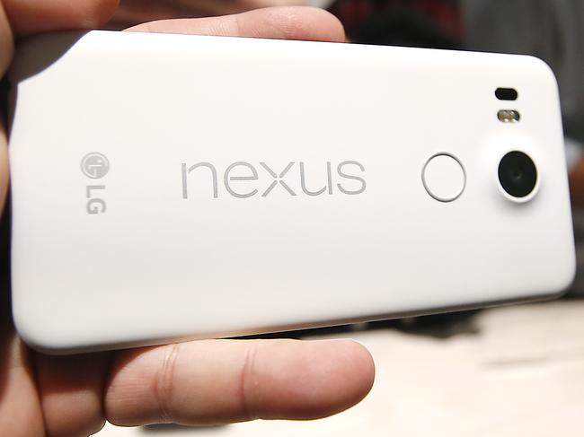 The new Google Nexus 5X models is on display during a Google event on Tuesday, Sept. 29, 2015, in San Francisco. Google is countering the release of Apple’s latest iPhones with two devices running on "Marshmallow," a new version of Android software designed to steer and document even more of its users’ lives. (AP Photo/Tony Avelar)