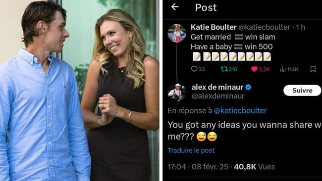 Alex de Minaur, Katie Boulter and their cheeky X exchange. Photos: Instagram/X