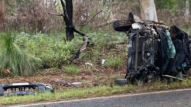 The scene of the rollover on Rainbow Beach Road on Tuesday. Photos: Scott Kovacevic