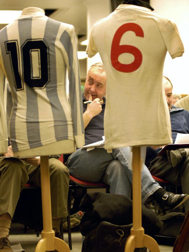 Diego Maradona’s shirt worn in Argentina vs Scotland match 1979 and Bobby Moore’s shirt worn in Brazil vs England World Cup match 1970 at London’s Christie's auction house in  2004.