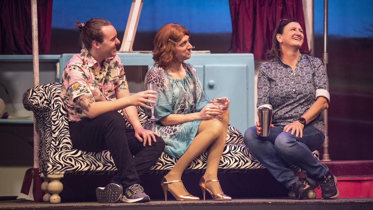 Cast and crew of Priscilla Queen of the Desert (from left) Brendan Thomas-Ryland and Nathan Chant chat to director Mary Quade at the Empire Theatre. Picture: Nev Madsen