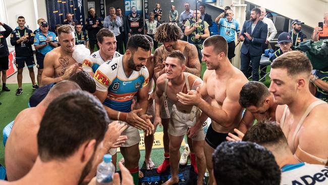 Ryan James and the Gold Coast Titans celebrate after defeating Penrith in Round 5. Picture: Supplied 