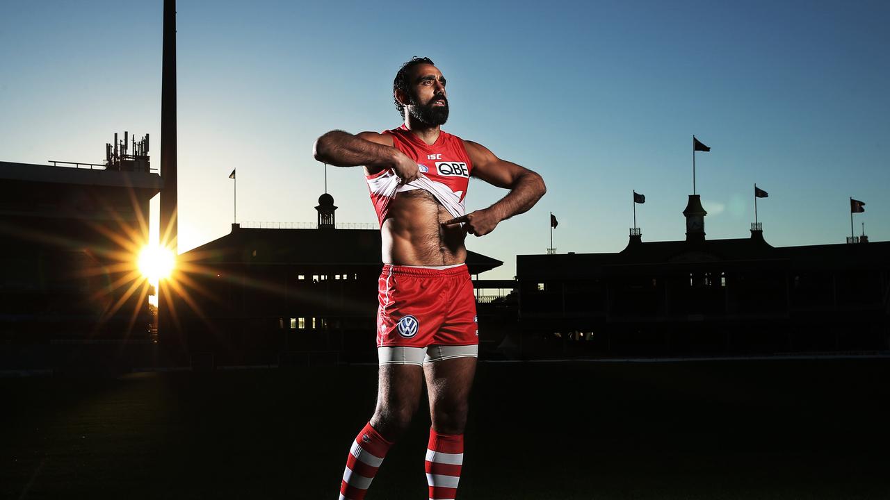 Goodes marks the 20-year anniversary of when Nicky Winmar took a stance against racism in the AFL. Picture: Phil Hillyard