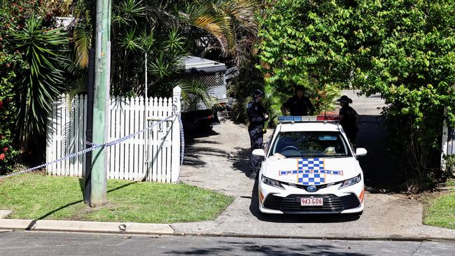 Police vehicles remained at the scene on Friday morning. Picture: Brendan Radke