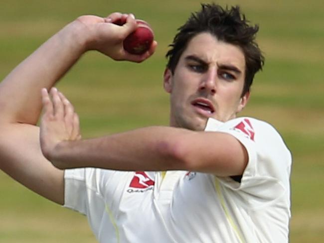 NORTHAMPTON, ENGLAND - AUGUST 15: Pat Cummins of Australia bowls during day two of the tour match between Northamptonshire and Australia at The County Ground on August 15, 2015 in Northampton, England. (Photo by Ryan Pierse/Getty Images)