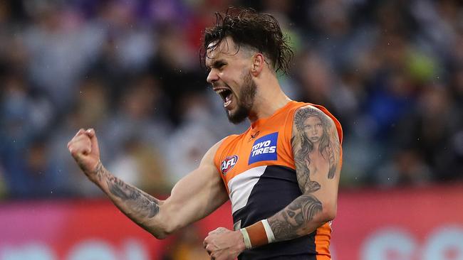 Giants Zac Williams celebrates a goal during GWS preliminary final triumph.