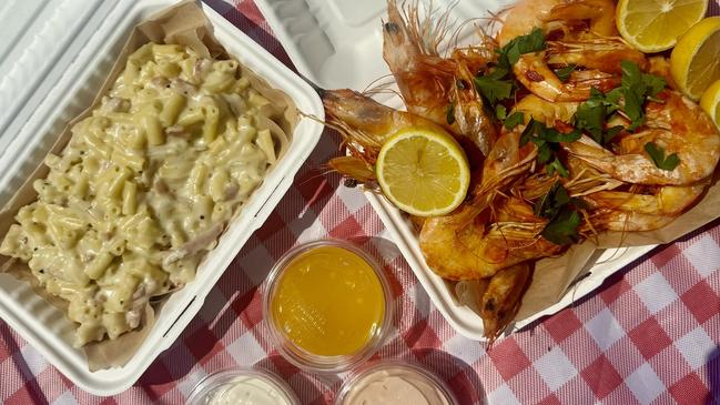 Banana prawns, mac 'n' cheese and trio of dipping sauces at Food Mafia. Picture: Facebook