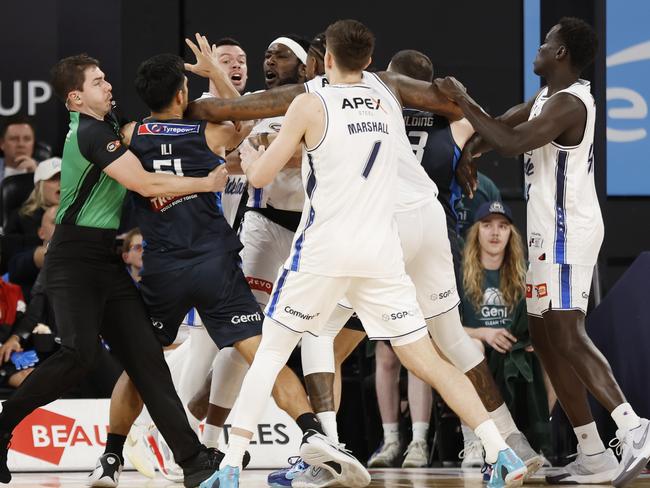 It got physical on the court the last time Melbourne United and Adelaide met. Picture: Getty Images