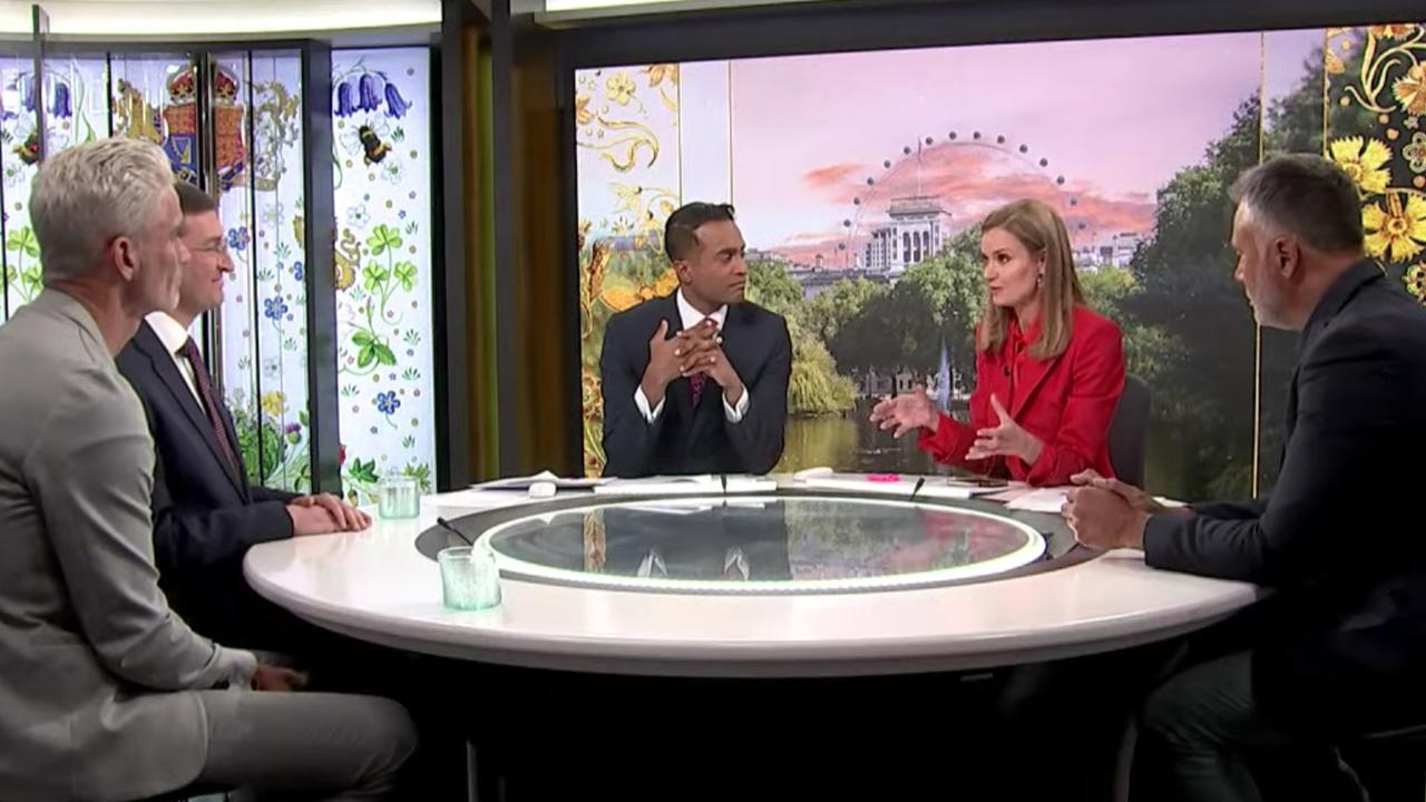 The ABC's panel during King Charles III's coronation including co-chair of the Australian Republic Movement Craig Foster, Liberal MP Julian Lesser, presenters Jeremy Fernandez and Julia Baird and Q+A host Stan Grant on May 6, 2023.