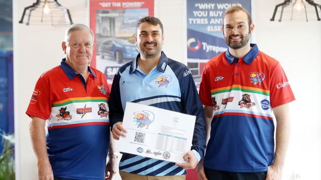 Kev Maher and Frank Raso model the corporate shirt for the Barrier Reef Big Bash with Michael Salerno sporting his team shirt, The Hurricanes, in the middle. Far North cricket's new format designed to shake up the sport in the region. Picture: Stewart McLean