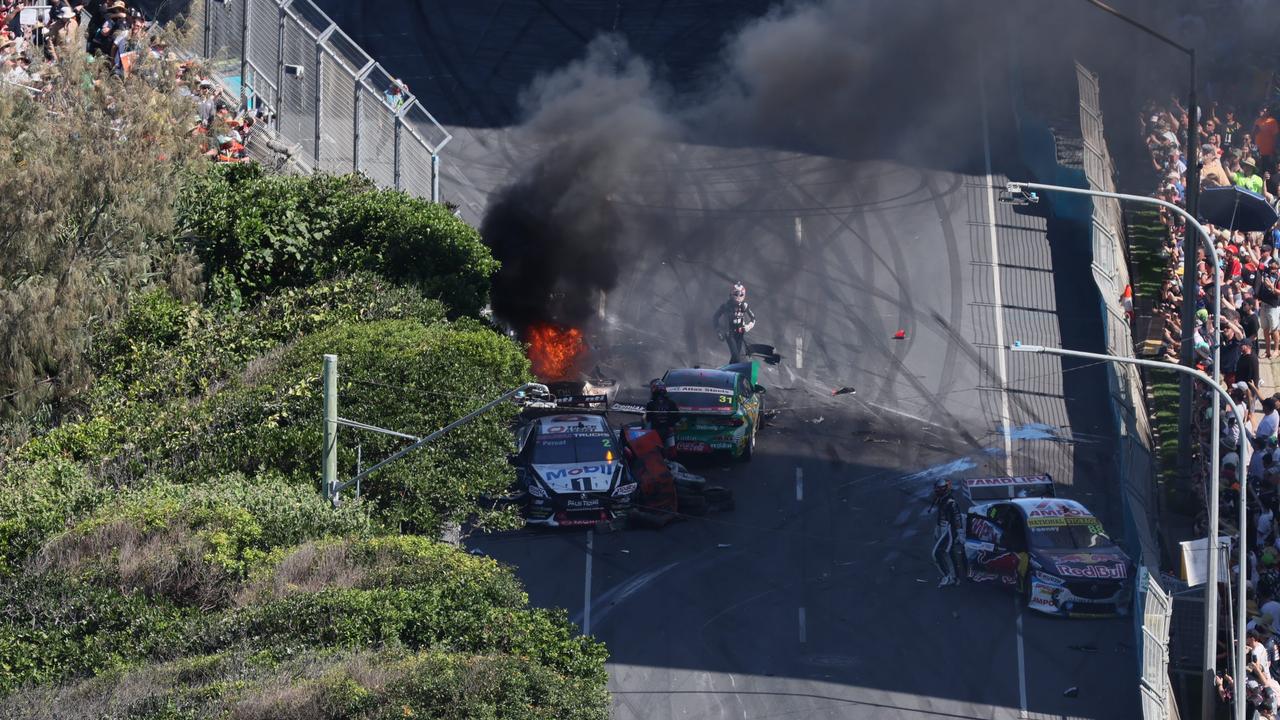 An aerial view of the fiery crash scene. Picture: Supercars