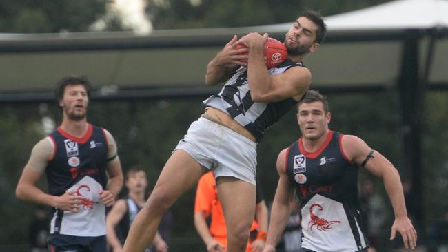 Collingwood VFL’s Nick Riddle marks against Casey Scorpions. Picture: Susan Windmiller