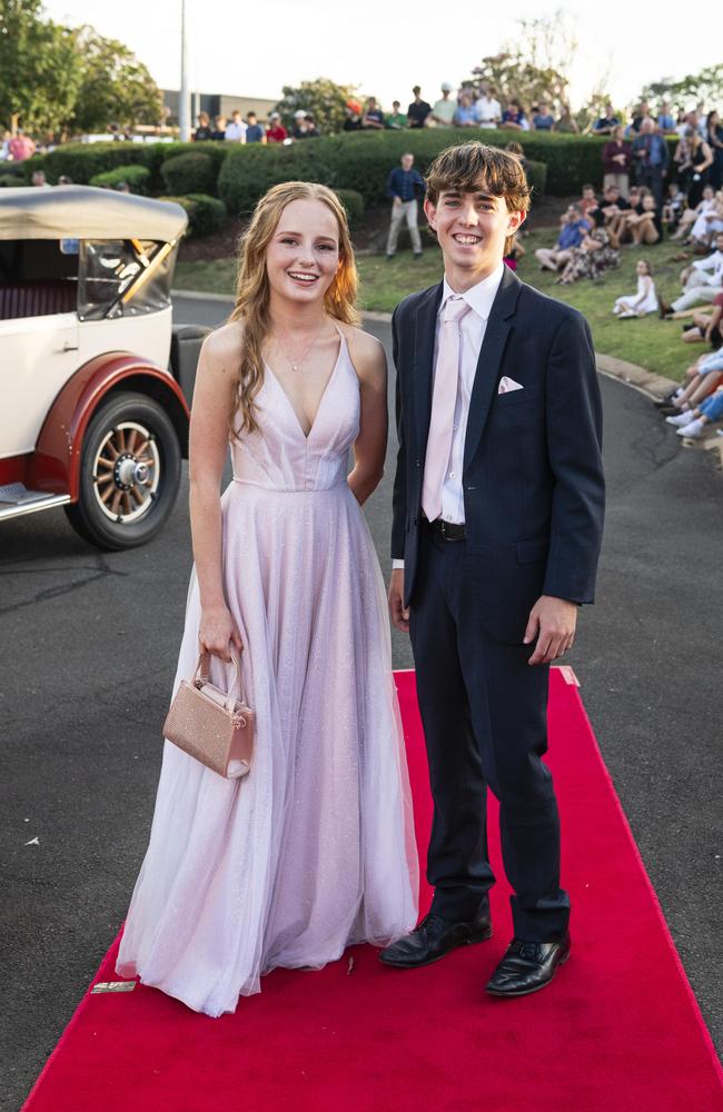 Graduate Olivia Horrex and partner Cooper Tummon arrive at Mary MacKillop Catholic College formal at Highfields Cultural Centre, Thursday, November 14, 2024. Picture: Kevin Farmer