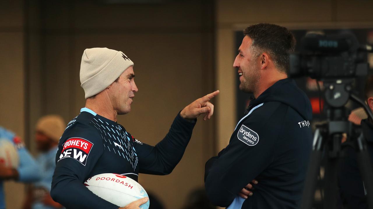 Brad Fittler talks with aspiring coach Sam Burgess, who he brought into Blues camp before Origin I. Picture: Getty Images