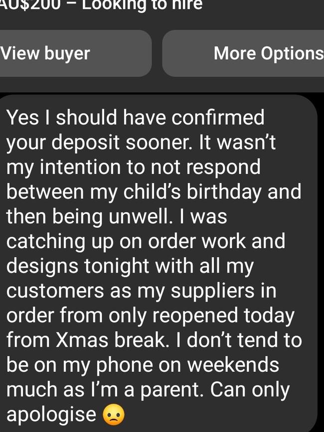 Messages from costume maker. Picture: Supplied