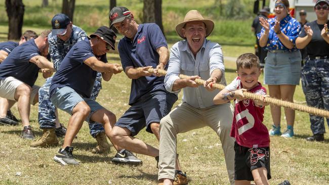 Garth Hamilton MP in the tug of war at this year’s Oakey Australia Day celebrations. The Toowoomba-based Groom MP has the guts to call net zero what it is. Picture: Nev Madsen