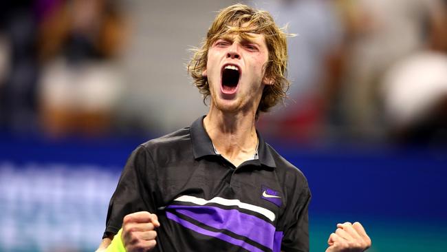 NEW YORK, NEW YORK - AUGUST 31: Andrey Rublev of Russia celebrates winning his Men's Singles third round match against Nick Kyrgios of Australia on day six of the 2019 US Open at the USTA Billie Jean King National Tennis Center on August 31, 2019 in Queens borough of New York City. Clive Brunskill/Getty Images/AFP == FOR NEWSPAPERS, INTERNET, TELCOS &amp; TELEVISION USE ONLY ==