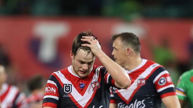 Dejected Roosters Luke Keary at full time in the Sydney Roosters v Canberra Raiders Semi Final at the SCG. Picture: Brett Costello