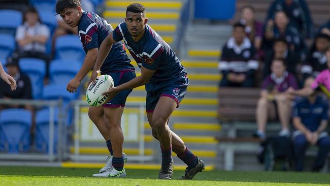 Ipswich SHS's Gabriel Satrick in action, with Tyler Peckham-Harris. .Picture: Jerad Williams