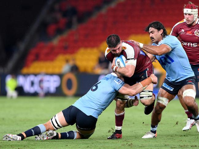 Reds co-captain Liam Wright takes on the NSW defence in Queensland’s 40-22 first-round win. Picture: Bradley Kanaris/Getty Images)