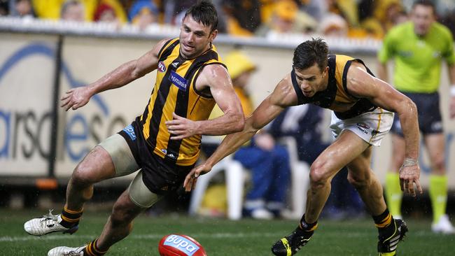 Hawthorn’s Brent Guerra and Richmond’s Brett Deledio battle it out in Round 19 of the 2013 season.