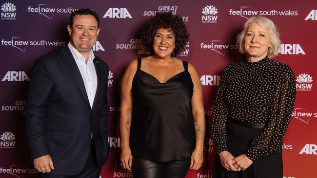 NSW tourism minister Stuart Ayres (left), singer Casey Donovan and ARIA chief executive Annabelle Herd at a Great Southern Nights media call at The Metro Theatre in Sydney on Thursday. Picture: Destination NSW