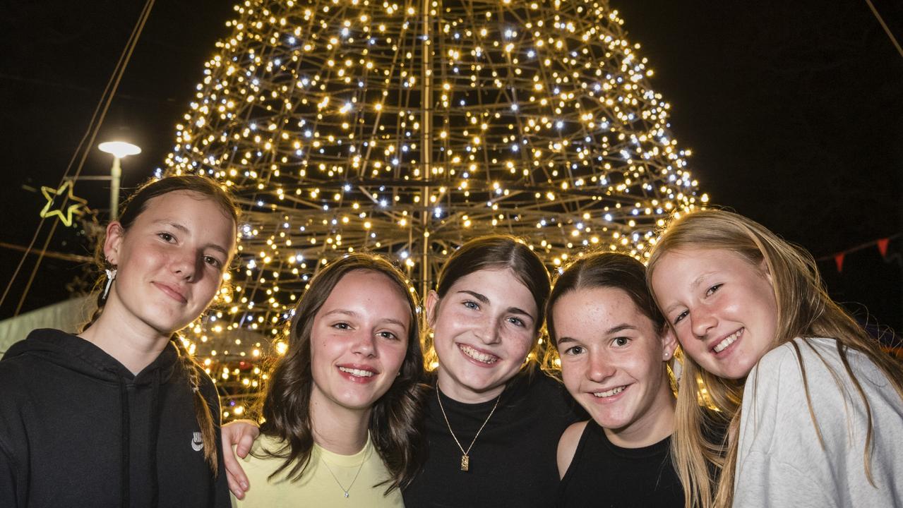 At Toowoomba's Christmas Wonderland annual Christmas lights display are (from left) Hannah Williams-Roberts, Isabella Bateman, Tina Conn, Millie Miller and Ava Norris in Queens Park, Saturday, December 2, 2023. Picture: Kevin Farmer