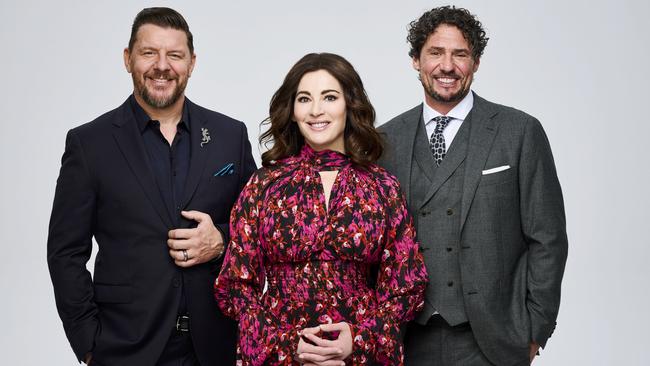 Manu Feildel guest judge Nigella Lawson and Clin Fassnidge on MKR last year. Picture: Seven