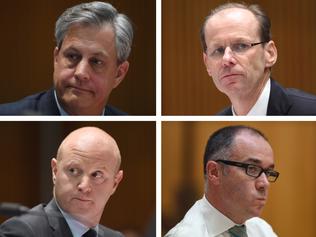 A combined picture of Westpac CEO Brian Hartzer, ANZ CEO Shayne Elliott, Commonwealth Bank CEO Ian Narev and NAB CEO Andrew Thorburn speaking during a House of Representatives Economics Committee hearing at Parliament House in Canberra, Wednesday, March 8, 2017. (AAP Image/Lukas Coch) NO ARCHIVING