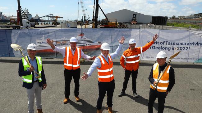 Kane's Richard Frisina, left, SOT project manager Paul Kirkwood, Geelong Port CEO Brett Winter, BMD general manager Peter Anusas and Fitzgerald construction manager Bruce McCracken celebrate the start of major works for the Spirit of Tasmania passenger and freight terminal precinct. Picture: Alison Wynd