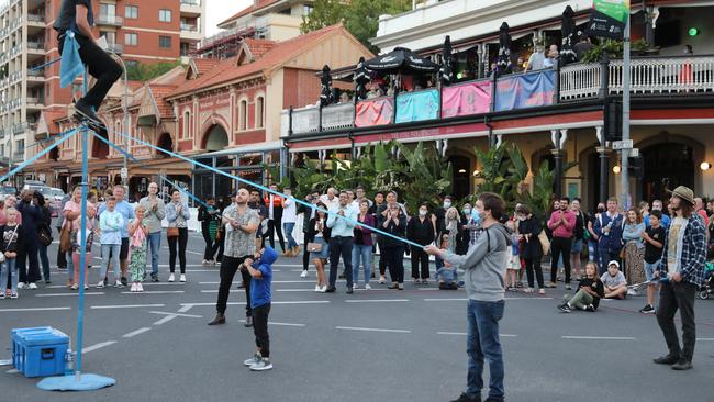 A busker entertains the Fringe crowd on East Terrace. Picture: Dean Martin