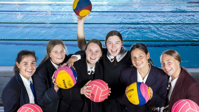 Water polo players selected to attend a national identification camp. Sabine Hatzipetrou (BGGS), Olivia Muir (Somerville), Emma Pickering and Chelsea Johnson (St Margarets) Lulu Elliott (BSHS) and Meg Hofstee (St Peters). Thursday, August 20 2020. Picture: Renae Droop