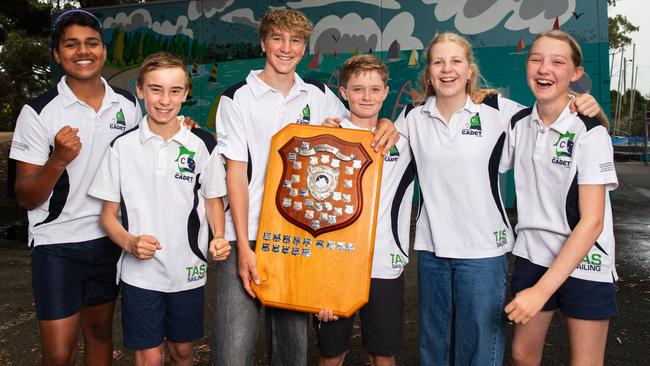 Representatives from the Tasmanian International Cadet Sailing team Alex Ashbolt, 14, Lachie Prior, 12, Sam Hooper, 16, George Shugg, 13, Olive Hooper, 14, and Samantha Archer, aged 12 from Sandy Bay sailing club. Picture: Linda Higginson