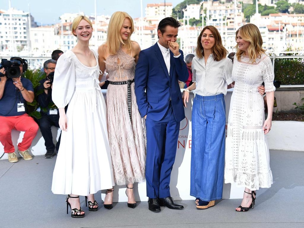 Elle Fanning, Nicole Kidman, Colin Farrell, Sofia Coppola and Kirsten Dunst pose on May 24, 2017 during a photocall for the film ‘The Beguiled’ at the 70th edition of the Cannes Film Festival in Cannes, southern France. Picture: AFP