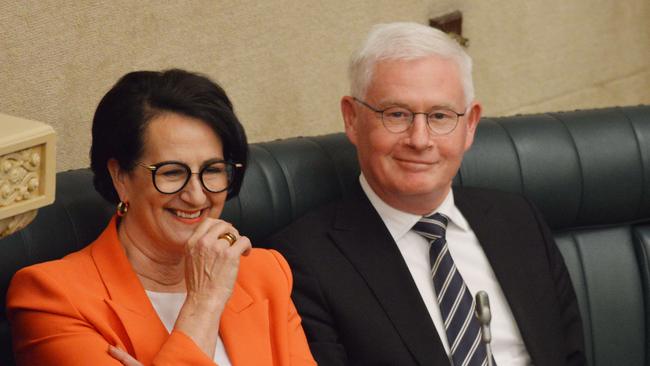 The current Attorney-General Vickie Chapman sitting with her predecessor John Rau. Picture: Brenton Edwards/AAP